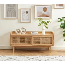 Meuble TV LEON Placage Chêne Et Cannage Rotin 120cm