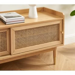 Meuble TV LEON Placage Chêne Et Cannage Rotin 120cm -Canapé Rêve Promos Magasin meuble tv leon placage chene et cannage rotin 120cm 3