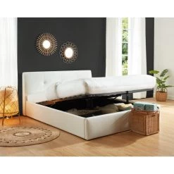 Lit Coffre SEGURO Simili Blanc Coffre 160x200 Sommier Inclus -Canapé Rêve Promos Magasin seguro160bl lit coffre blanc 2
