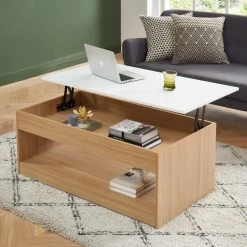 Table Basse AMOS Blanc Et Effet Chêne Plateau Revelable