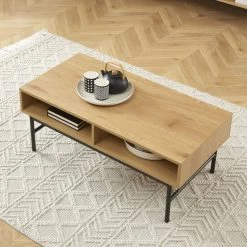 Table Basse JAMES Effet Chêne Pieds Métal Noir -Canapé Rêve Promos Magasin table basse james effet chene pieds metal noir 2