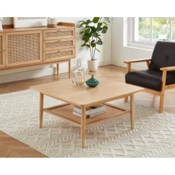 Table Basse LEON Chêne Et Cannage Rotin Carrée 80cm