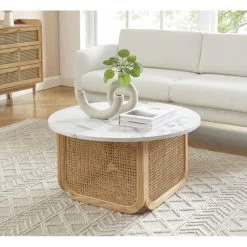 Table Basse LEON Effet Marbre Et Cannage Rotin 80cm