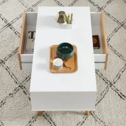 Table Basse UTAH Blanc Et Effet Bois 90cm -Canapé Rêve Promos Magasin table basse utah decor bois et blanc 2 tiroirs et 1 niche l90cm 2