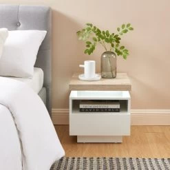Table De Chevet à Led COSMOS Laqué Blanc Et Effet Chêne 1 Tiroir