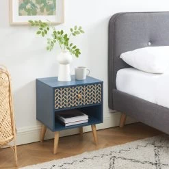 Table De Chevet CAPUCINE Bleu Pétrole Et Effet Chêne 40cm -Canapé Rêve Promos Magasin table de chevet capucine coloris bleu et bois l40cm 1