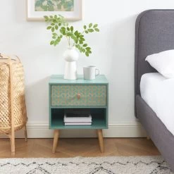 Table De Chevet CAPUCINE Vert De Gris Et Effet Chêne 40cm