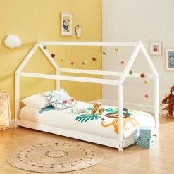 Lit Enfant Cabane TINY Pin Blanc 90x190 Sommier Inclus