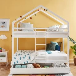 Lit Cabane Superposé TINY Pin Blanc 90x190 Sommier Inclus -Canapé Rêve Promos Magasin tinybunkdrabl lit superpose lit superpose cabane blanc echelle sur le cote et tiroir 1