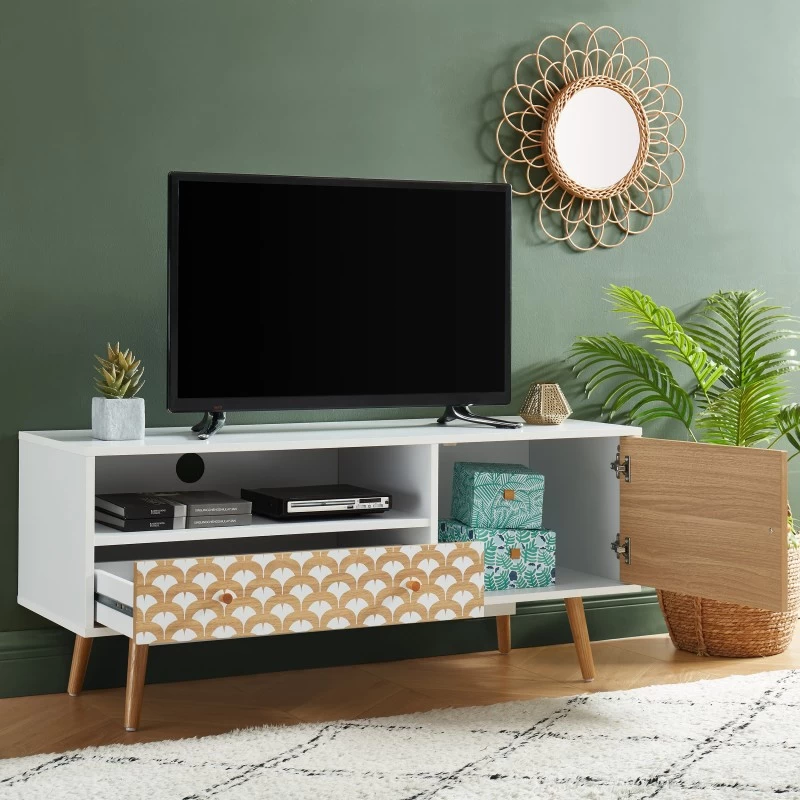 Meuble Tv UTAH Blanc Et Effet Chêne 115cm 2 Meuble Tv UTAH Blanc Et Effet Chêne 115cm – Image 2